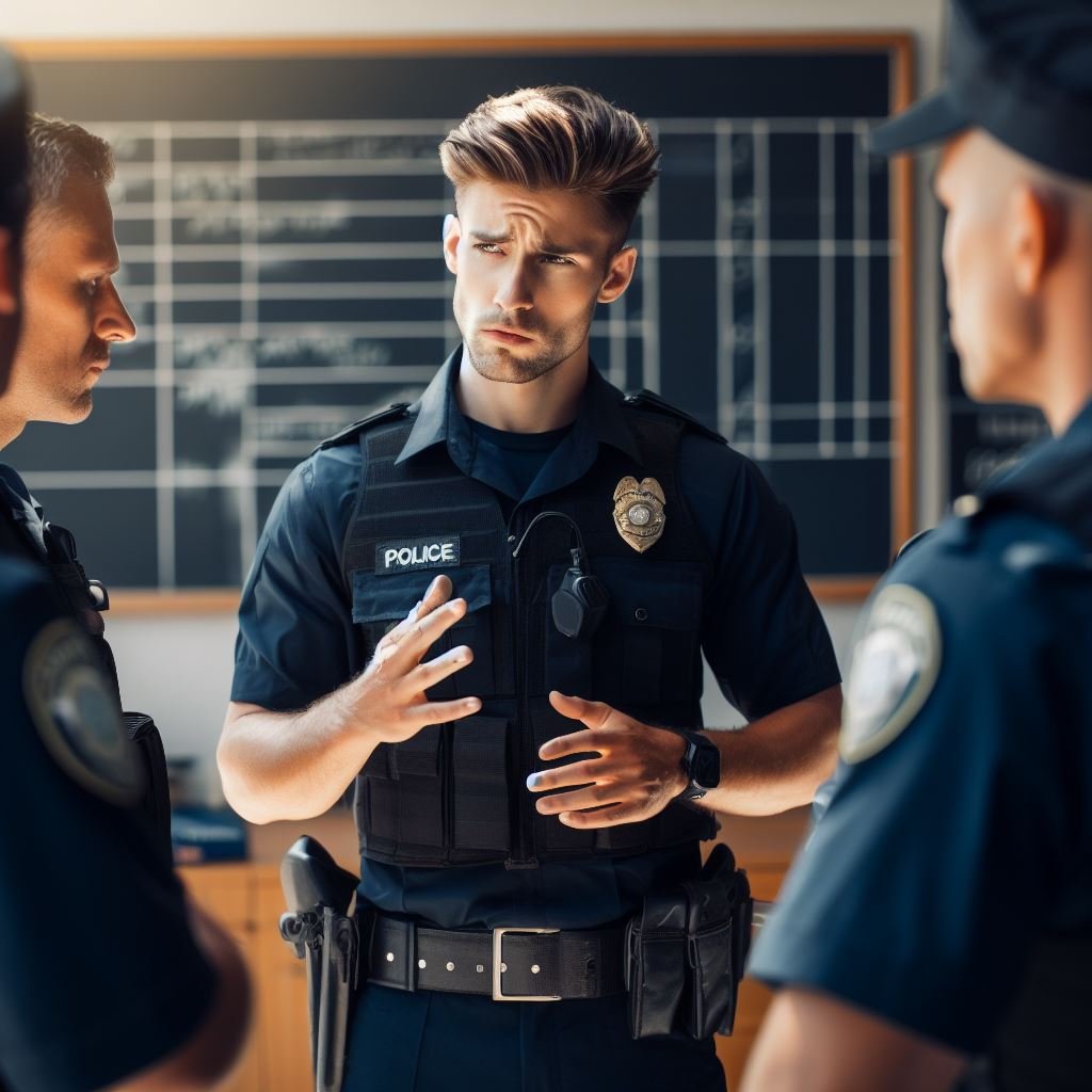 Delegado conversando com agentes de polícia. 